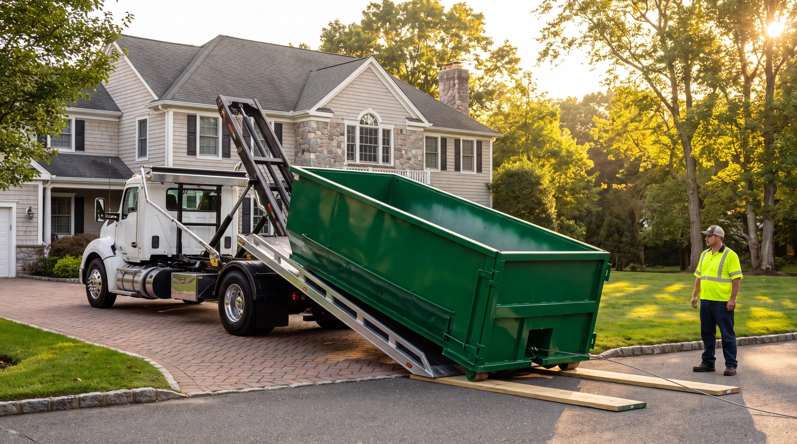 A roll off truck sliding a green dumpster onto boards in a Long Island driveway at golden hour