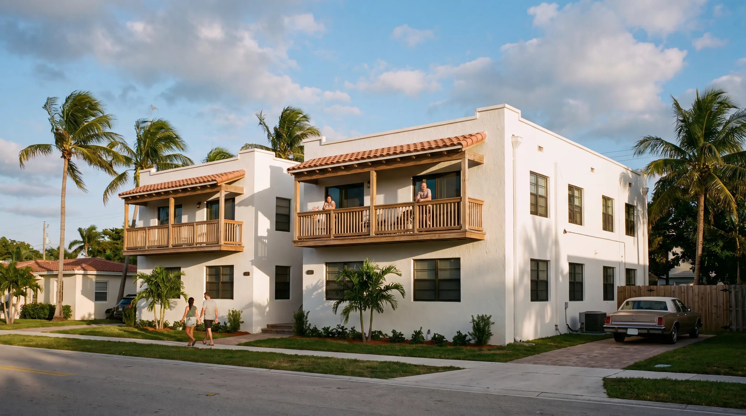 A renovated white stucco fourplex with balconies and palm trees in Boynton Beach, Florida