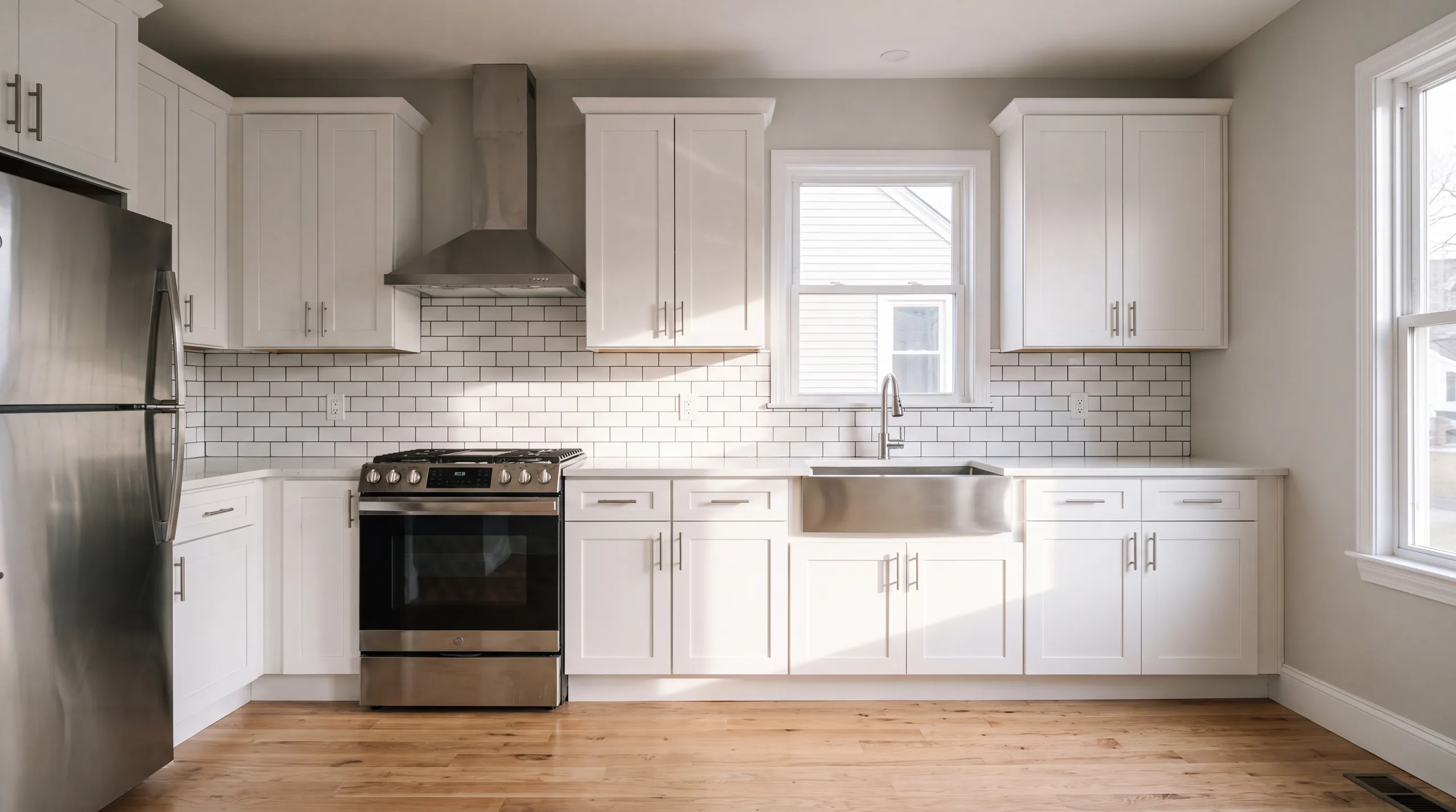 A newly renovated white kitchen inside a rental unit