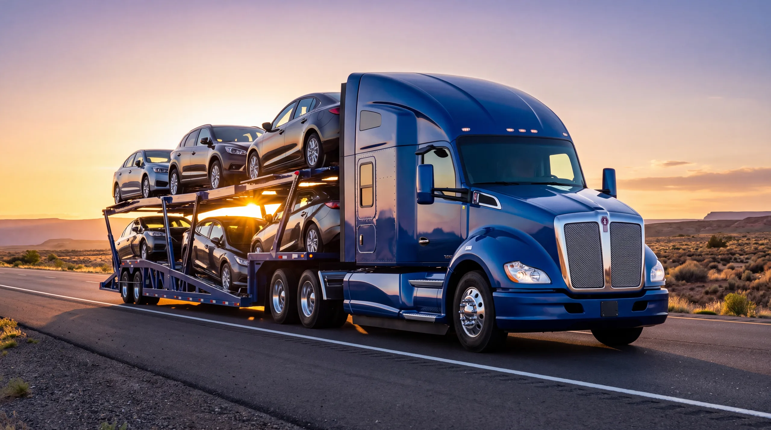 A loaded open car carrier on the interstate at sunset
