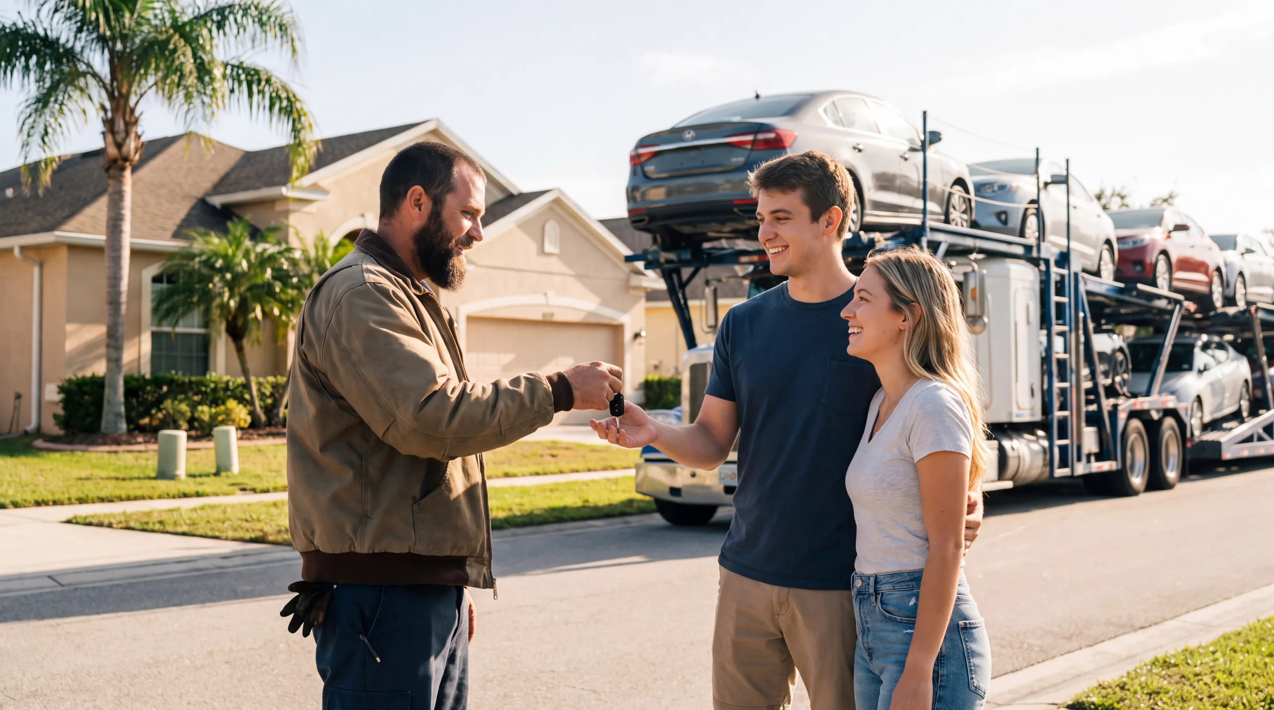 A transport driver handing car keys to a young couple at their new Florida home